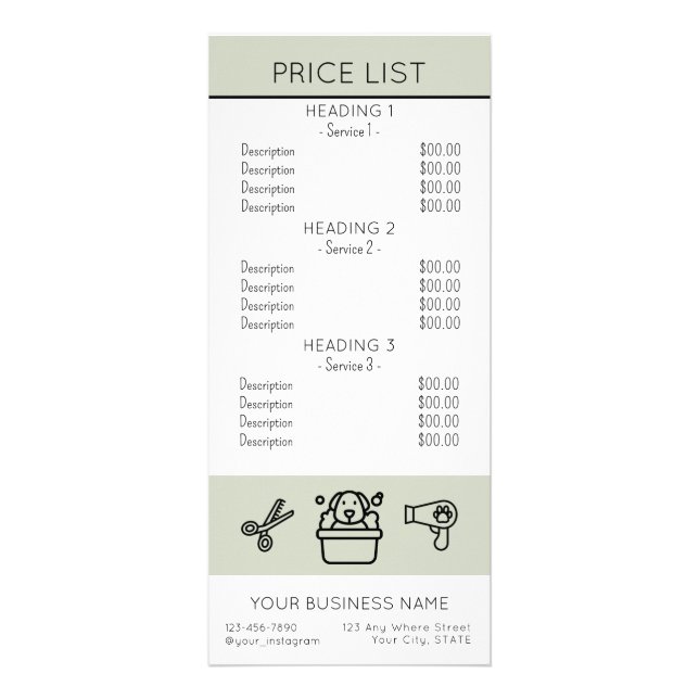 Simple Dog grooming service price list  Rack Card (Front)