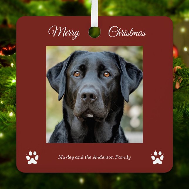 Simple Dog Photo Merry Christmas Red Metal Ornament (Simple Dog Photo Merry Christmas Red Ornament)