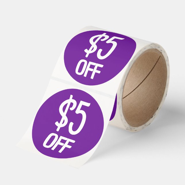 Simple Dollar Discount White on Purple Classic Round Sticker (Roll)