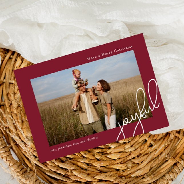 Simple Dots Burgundy Joyful Script Elegant Photo Holiday Card (Creator Uploaded)