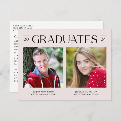 Simple Double Graduation Two Photos Blush Pink Postcard