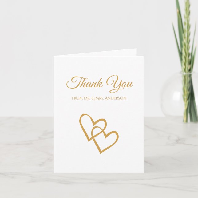 Simple Double Heart Gold Wedding Thank You (Front)