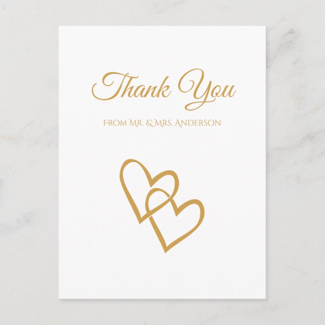 Simple Double Heart Gold Wedding Thank You Postcard (Front)