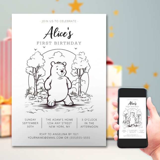 Simple Drawing Little Bear Baby Birthday Invitation (Creator Uploaded)