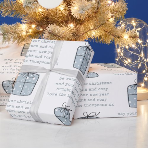 Simple Drawing Warm Cozy Quote Name Blue Christmas Wrapping Paper