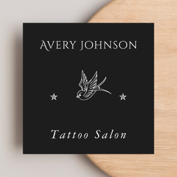 Simple Drawn Bird & Stars Tattoo Artist Salon Dark Square Business Card by LovelyVibeZ at Zazzle