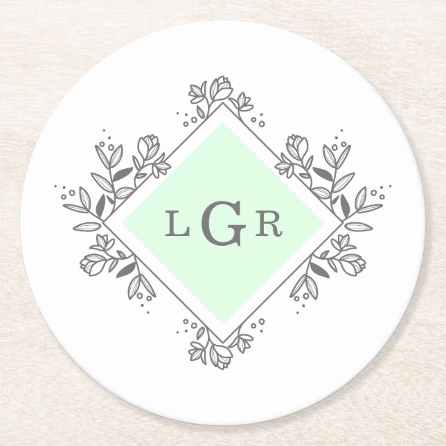 Simple Drawn Floral Green Round Paper Coaster (Front)
