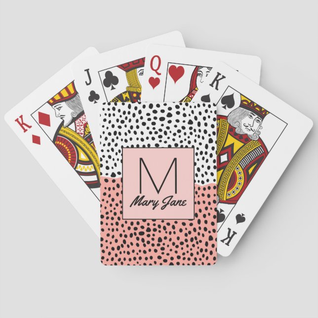 Simple Drawn Polka Dots on Peach White Monogram Poker Cards (Back)