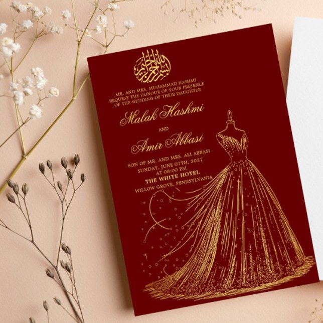 Simple Dress Burgundy Islamic Muslim wedding Invitation (Creator Uploaded)
