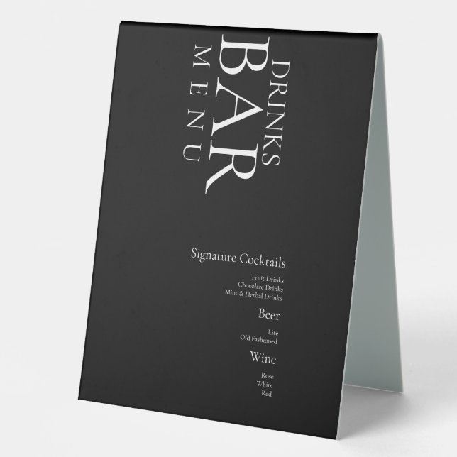Simple Drinks Cocktail Wine Wedding  Black White Table Tent (Front)