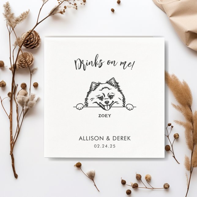 Simple Drinks on Me Cute Pomeranian Dog Wedding Napkins (Creator Uploaded)