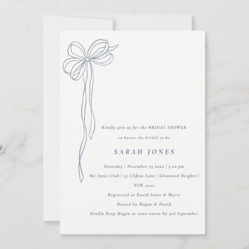 Simple Dusky Blue Coquette Bow Bridal Shower Invitation