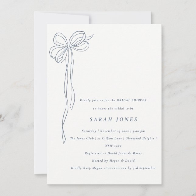 Simple Dusky Blue Coquette Bow Bridal Shower Invitation (Front)