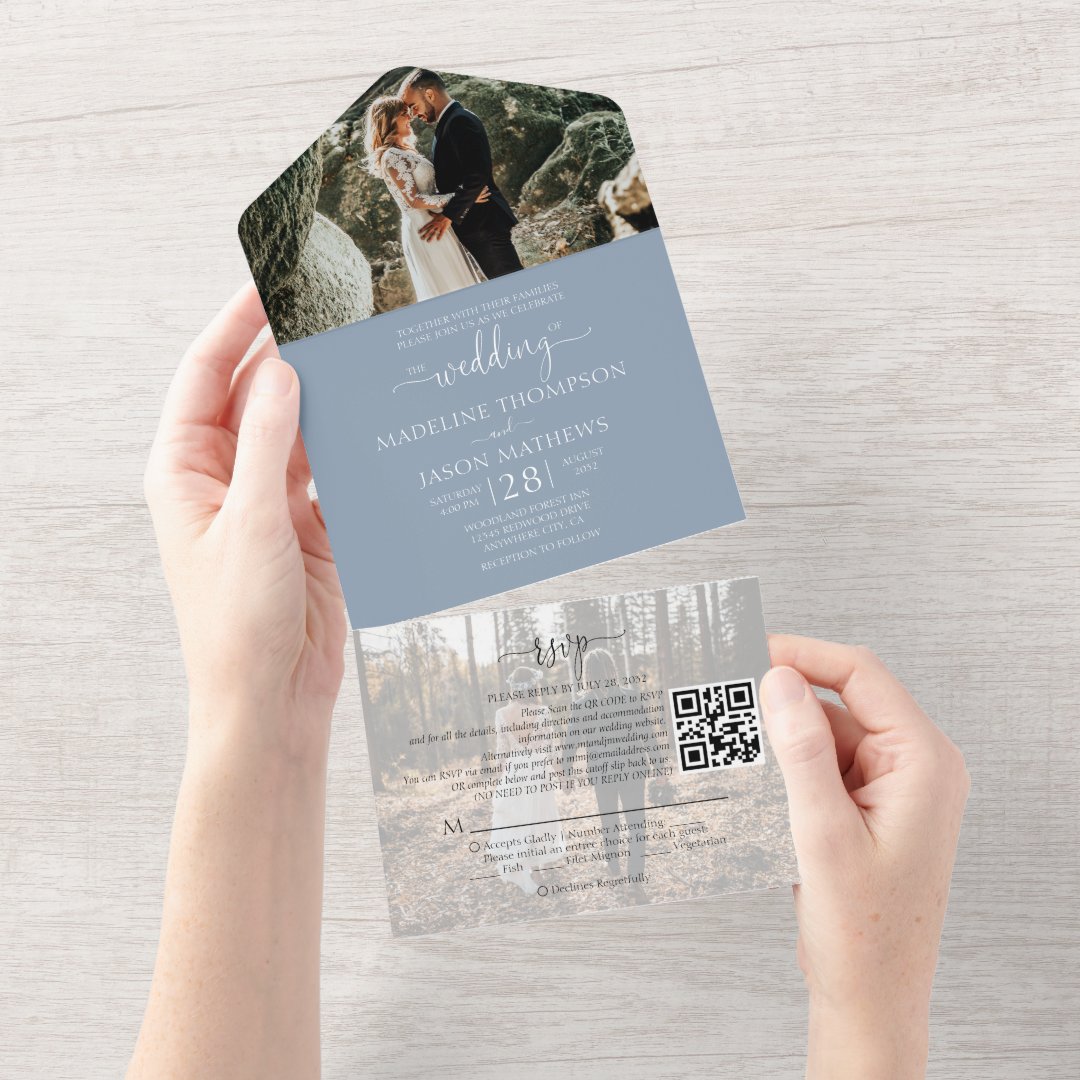 Simple Dusty Blue 2 Photo QR Code RSVP Wedding All In One Invitation ...