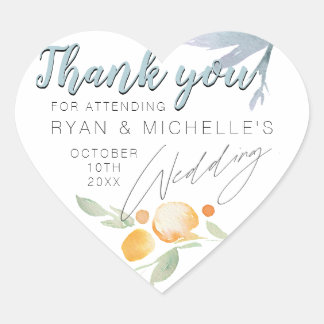 Simple Dusty Blue and Peach Floral Wedding Favor H Heart Sticker