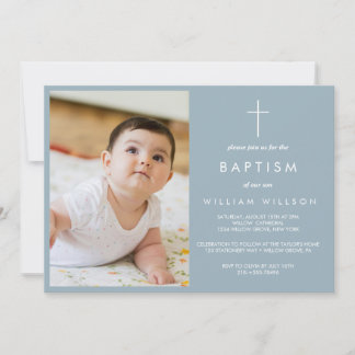 Simple Dusty Blue Baptism photo Invitation
