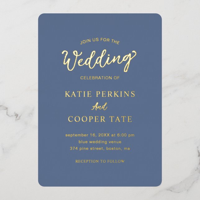 Simple Dusty Blue Bold Fonts Modern Wedding Foil Invitation (Front)