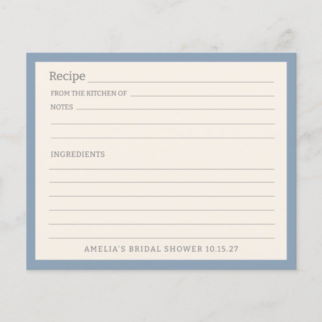 Simple Dusty Blue Border Personalized Recipe Card (Front)