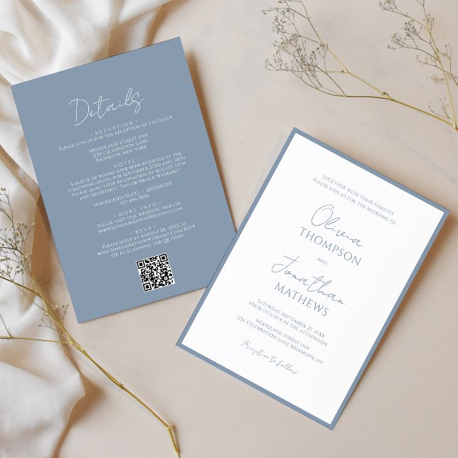 Simple Dusty Blue Border Script QR Code Wedding Invitation (Creator Uploaded)