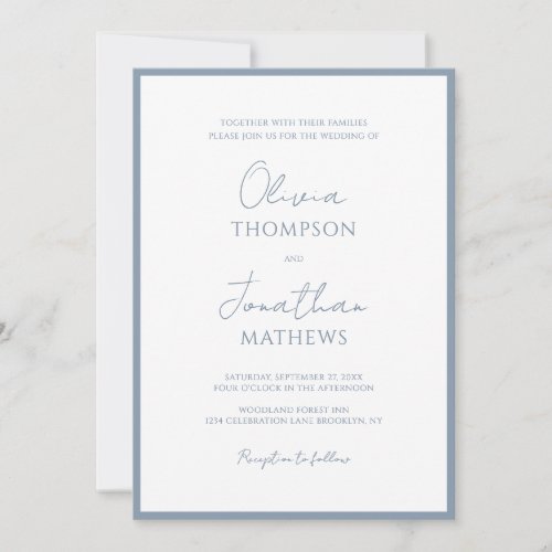 Simple Dusty Blue Border Script Wedding Invitation