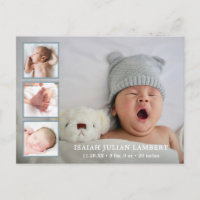 Simple Dusty Blue Boy Photo Collage Birth Announcement Postcard