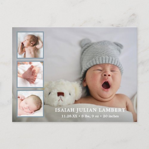 Simple Dusty Blue Boy Photo Collage Modern Birth Announcement Postcard