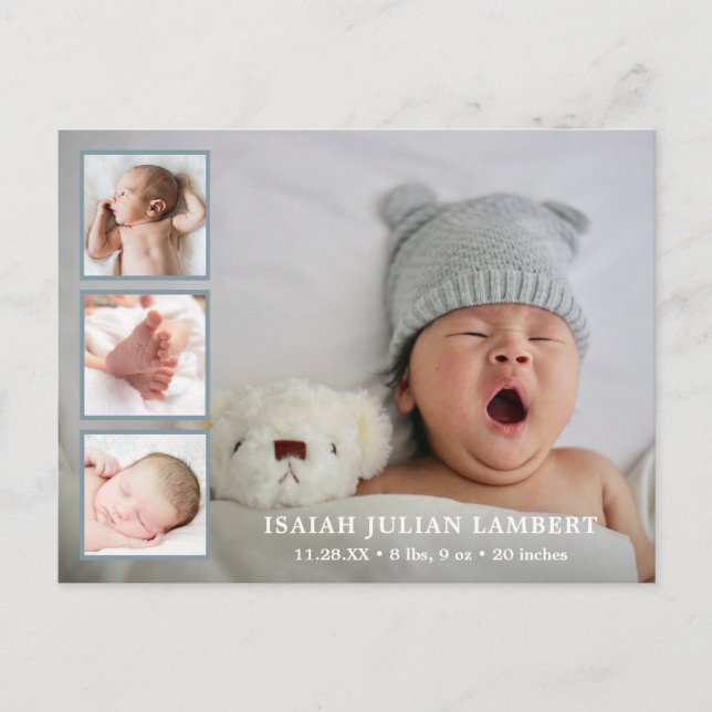Simple Dusty Blue Boy Photo Collage Modern Birth Announcement Postcard (Front)