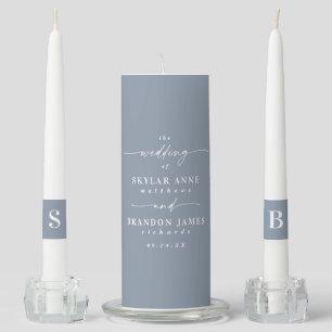 Simple Dusty Blue Bride & Groom Monogram Wedding Unity Candle Set