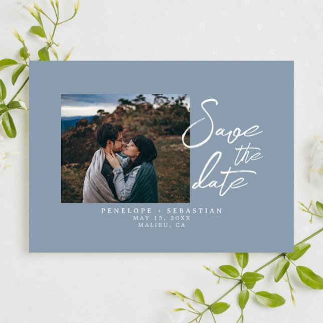 Simple Dusty Blue Calligraphy Boho Photo Wedding Save The Date (Creator Uploaded)