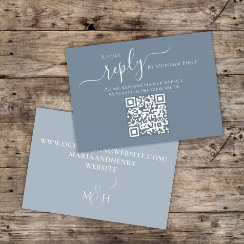 Simple Dusty Blue Calligraphy Reply QR Code Online Enclosure Card
