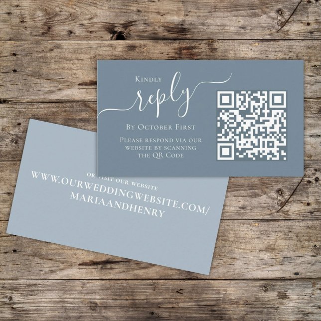 Simple Dusty Blue Calligraphy Reply QR Code Online Enclosure Card (Creator Uploaded)
