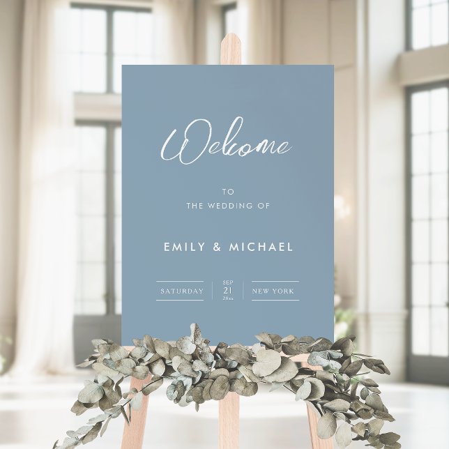 Simple Dusty Blue Calligraphy Wedding Welcome Sign (Welcome your guests in style with this dusty blue calligraphy elegant wedding welcome sign)