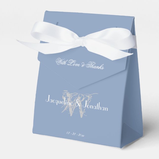  Simple Dusty Blue Chic Script Monogram Wedding  Favor Boxes (Front Side)