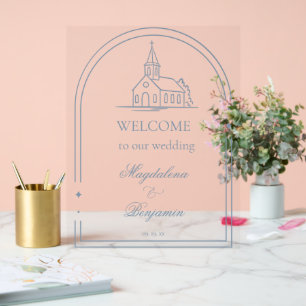Simple Dusty Blue Christian Chapel Wedding Welcome Acrylic Sign