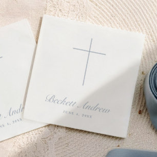Simple Dusty Blue Cross Script Baptism Napkins