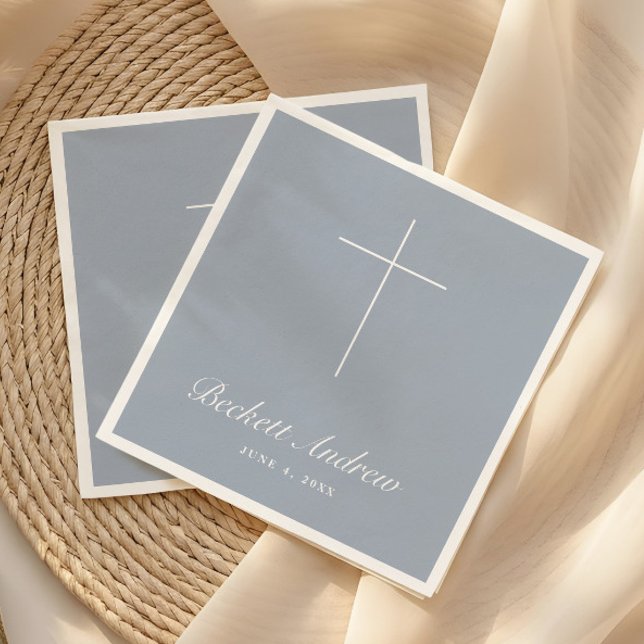 Simple Dusty Blue Cross Script Baptism Napkins (Simple Dusty Blue Cross Script Baptism, Christening or First Holy Communion Napkins.)