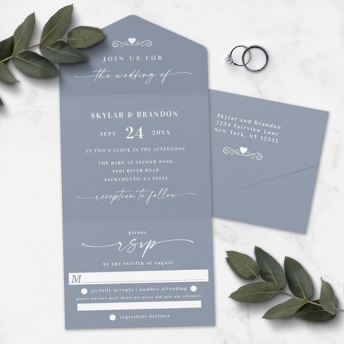 Simple Dusty Blue Elegant Calligraphy Wedding All In One Invitation