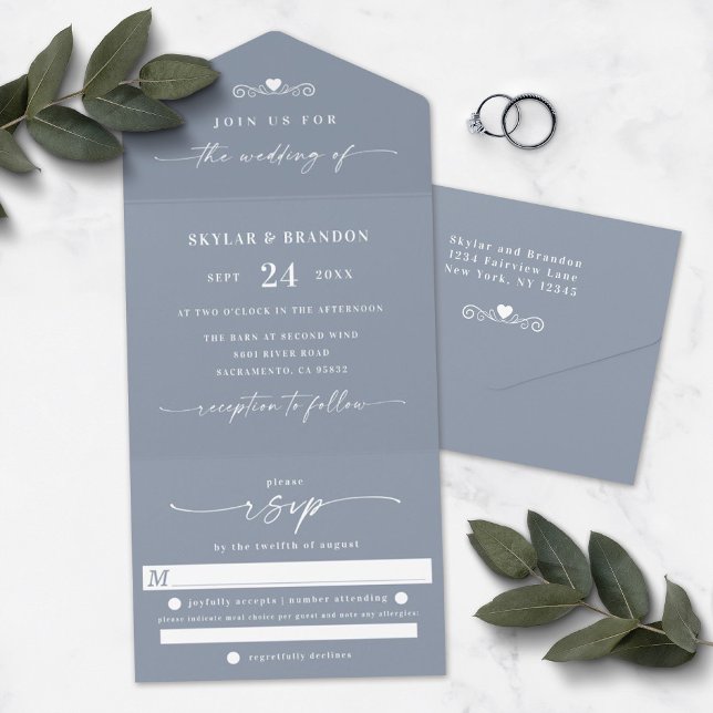 Simple Dusty Blue Elegant Calligraphy Wedding All In One Invitation (Creator Uploaded)