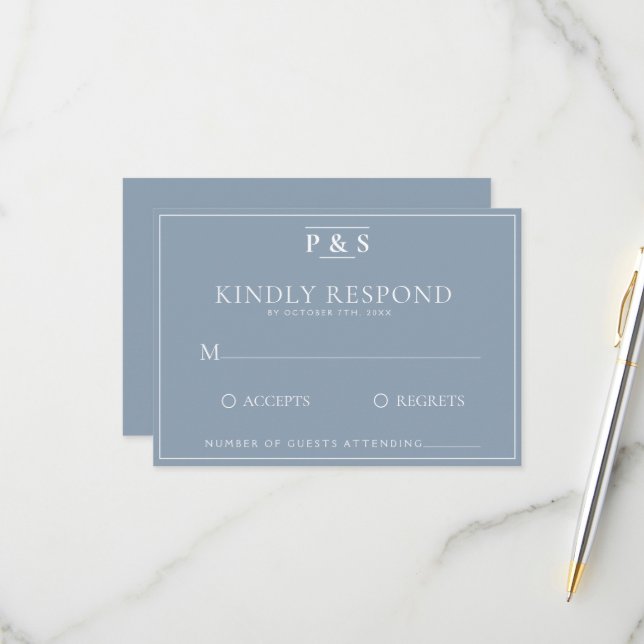 Simple Dusty Blue Elegant Monogram Chic Wedding  RSVP Card (Front/Back In Situ)