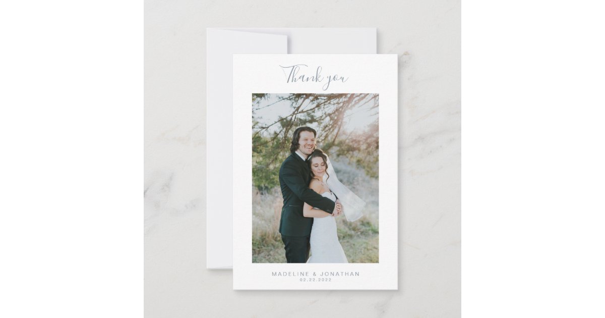 Simple dusty Blue Elegant Script Photo Wedding Thank You Card | Zazzle