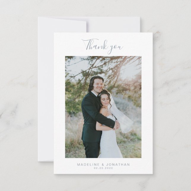 Simple dusty Blue Elegant Script Photo Wedding  Thank You Card (Front)