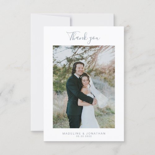 Simple dusty Blue Elegant Script Photo Wedding  Thank You Card