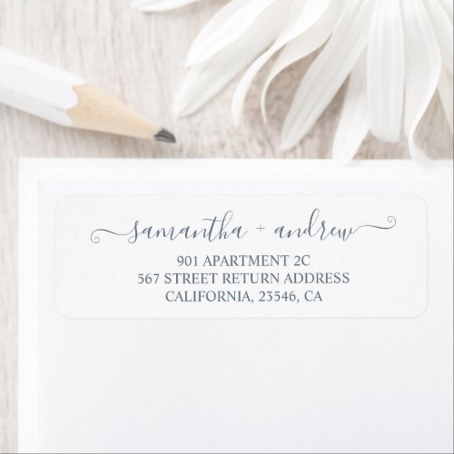Simple dusty blue elegant script return wedding label