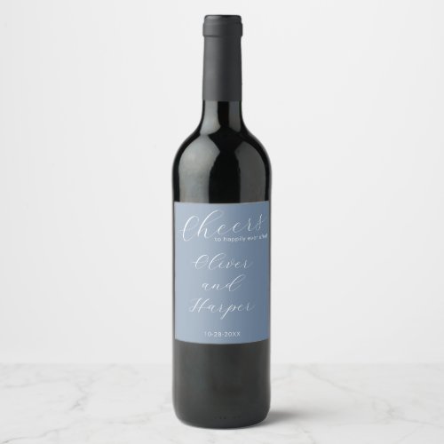 Simple Dusty Blue Elegant Script Wedding Wine Label