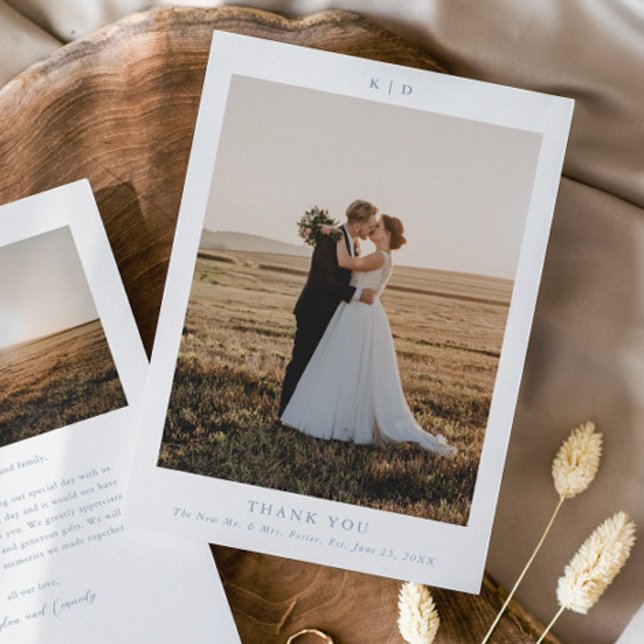 Simple Dusty Blue Elegant Wedding Photo Thank You Card (Simple Monogram Dusty Blue Wedding Photo Thank You Cards.)