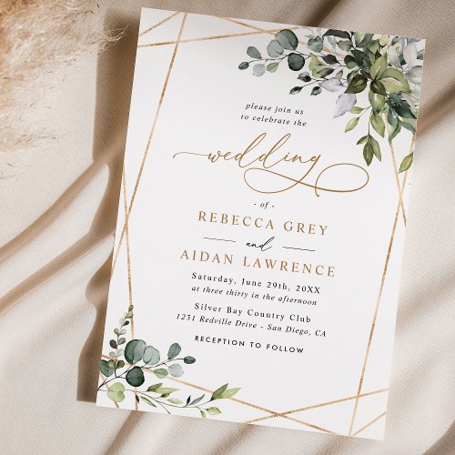 Simple Dusty Blue Eucalyptus Greenery Gold Wedding Invitation