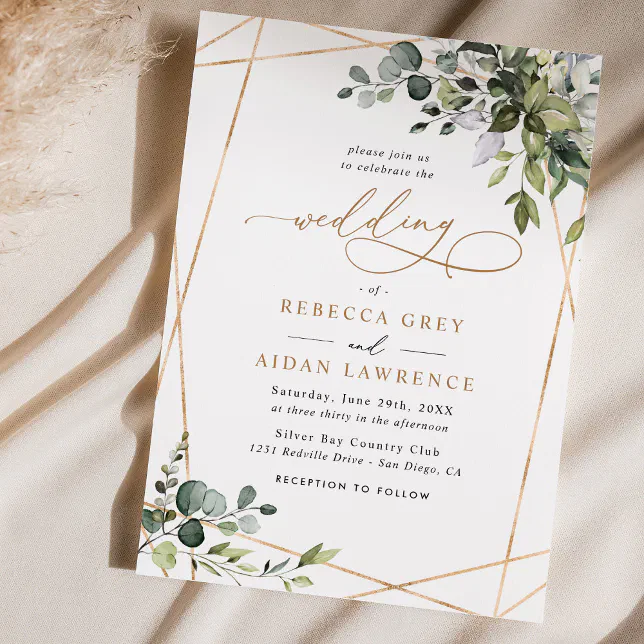 Simple Dusty Blue Eucalyptus Greenery Gold Wedding Invitation | Zazzle