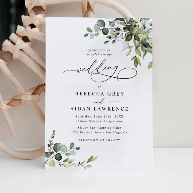 Simple Dusty Blue Eucalyptus Greenery Wedding Invitation | Zazzle