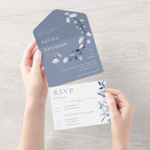 Simple Dusty Blue Floral All in One Wedding Invite