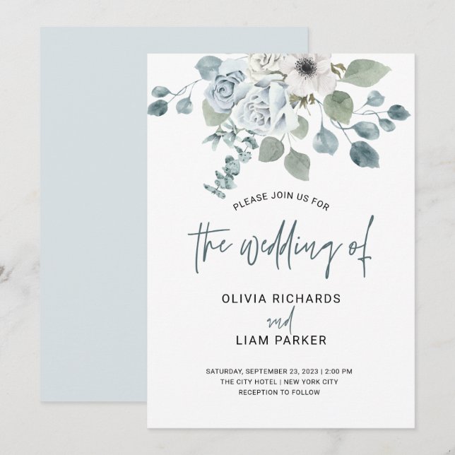 Simple Dusty Blue Floral and Eucalyptus Wedding Invitation (Front/Back)
